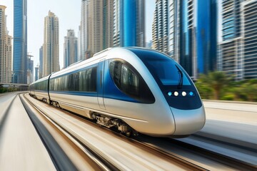 Aufkleber - Modern train travels through a futuristic cityscape during daytime