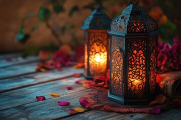 Aufkleber - A pair of lanterns placed on top of a wooden table