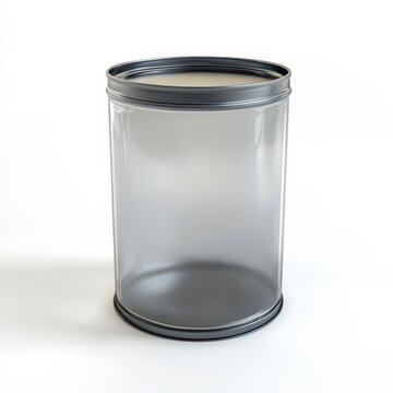 A translucent frosted glass tin can, revealing a faint silhouette of its contents, set against the crisp white background.