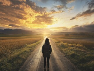 Poster - A woman walking down a dirt road at sunset, with the sun behind her