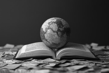 Poster - A globe sits on top of an open book with pages filled with maps and diagrams