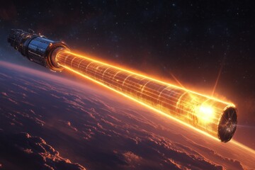 Poster - Advanced spacecraft propulsion system creating energy beam in low Earth orbit during a futuristic mission