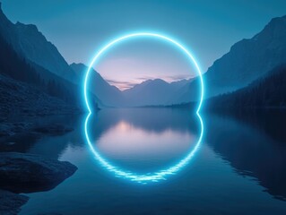 Poster - A glowing circle surrounded by calm water, perfect for representing illumination or guidance