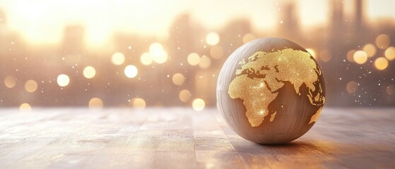 Poster - A wooden egg featuring a beautifully crafted golden world map