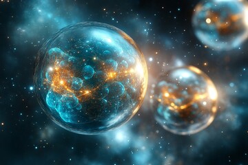 Poster - Exploring luminous cosmic spheres in a vibrant galactic landscape filled with stars and nebulae