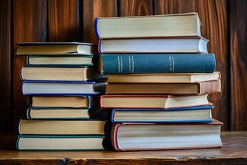 Poster - A collection of books stacked neatly on a wooden table, ideal for educational or literary settings