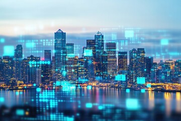Aufkleber - A cityscape at dusk with towering buildings and bustling streets, perfect for use in urban-themed designs or promotional materials