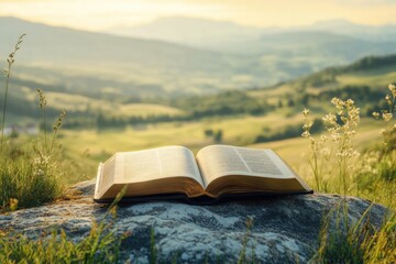 Poster - A single open book sits atop a natural rock formation, providing a unique reading spot