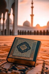 Poster - A book sits on a carpet in front of a building, perfect for use as a design element or illustration