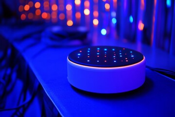 Aufkleber - Colorful smart device on a table with blue and orange lights during a technology event at night