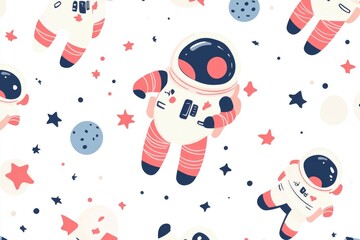 Poster - Image of astronauts floating in space surrounded by stars on a white background, suitable for uses such as sci-fi concepts or educational materials