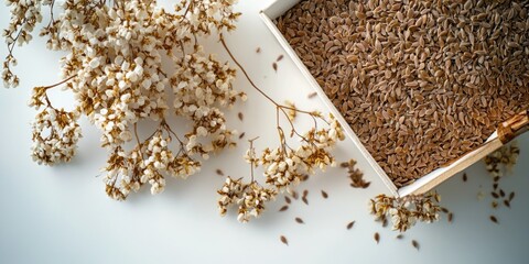 Poster - A white box filled with seeds next to a bouquet of colorful flowers