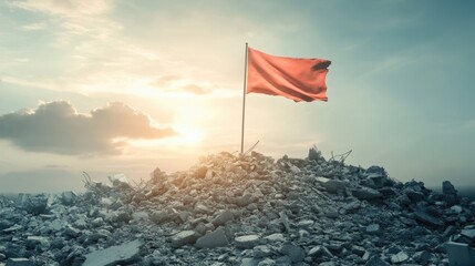 Aufkleber - A red flag stuck on top of a pile of rubble, possibly indicating danger or warning