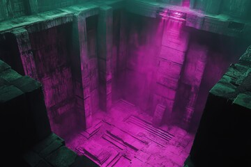 Poster - Mysterious underground chamber illuminated by vibrant pink light in a dark cavernous setting