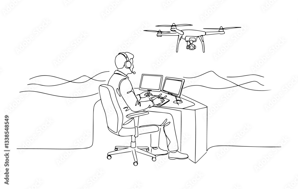 drone operator sitting in a control room, piloting an unmanned aircraft ...