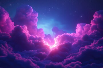 Poster - a beautiful evening sky with purple and blue hues, featuring fluffy white clouds and twinkling stars