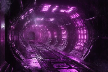 Poster - Mysterious underground tunnel illuminated by purple lights in a futuristic setting