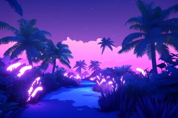 Fototapete - Vibrant tropical landscape with glowing plants under a purple twilight sky