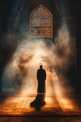 Poster - A person stands in front of a large stained glass window with intricate designs and colors