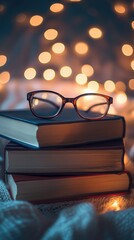 Poster - A collection of books with glasses sitting on top, ready for reading
