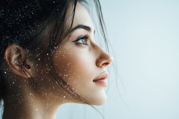 Poster - Woman gazing thoughtfully into the distance with a cosmic overlay at a serene indoor location