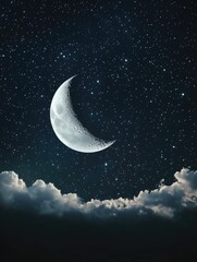 Poster - A crescent shape of the moon is visible through the clouds on a clear and dark night sky, perfect for use in astronomy or nature-themed projects