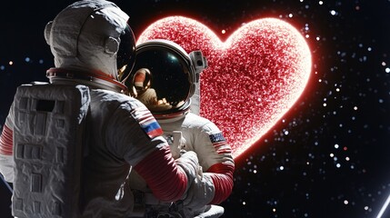 Wall Mural - a pair of people floating in space, surrounded by stars, with a red heart glowing in the background