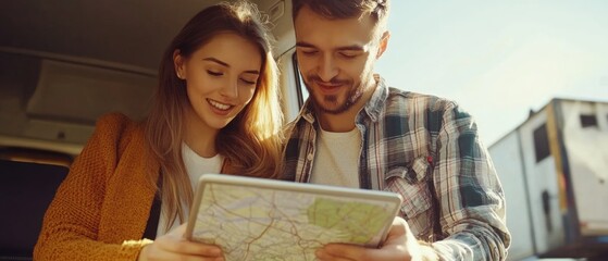 Poster - A man and a woman studying a map together, possibly planning an adventure or trip