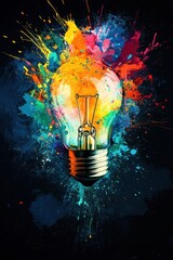 Wall Mural - creative idea concept with light bulb and colorful paint explosion on dark background showcasing inn
