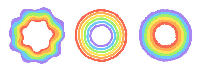 Aufkleber - Six-striped hand brush drawn rainbow circles, round shapes collection. Uneven wavy artistic doodle stripes, LGBTQ Gay Pride retro colorful frames set. Creative unusual surreal psychedelic templates.