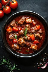 Poster - A bowl filled with meat and vegetables on a table