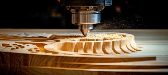 Poster - CNC Router Cutting Intricate Wooden Inlay, Highlighting Precise Cuts and Texture of Wood