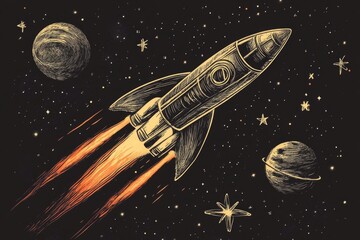 Poster - A rocket propels through space with a fiery trail behind