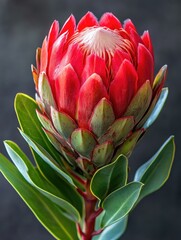 Poster - A single red flower with green leaves on a stem, ideal for use in botanical illustrations or as a design element