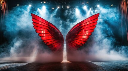 Poster - A stage with smoke and red wings, suitable for concert or performance background