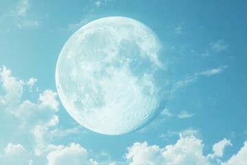 Poster - A bright full moon shines in a clear blue sky with puffy white clouds