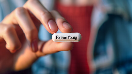 Poster - This hand holds a capsule labeled Forever Young, symbolizing advancements in genetic science.