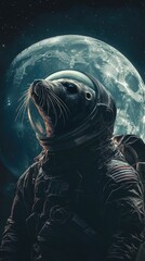Aufkleber - A seal in a space suit with a full moon in the background, great for sci-fi or futuristic themes