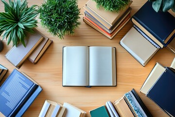 Poster - A wooden table covered with a pile of books, perfect for studying or reading