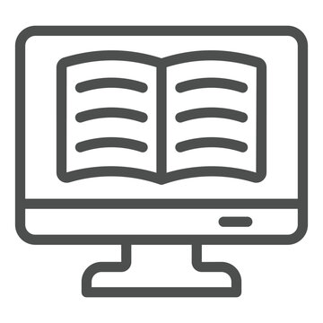 Monitor screen with book line icon, reading book online concept. Vector graphics. Digital textbook copy sign on white background, outline style icon for mobile or web design.