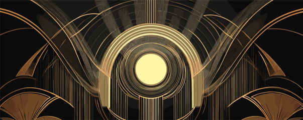 Poster - Abstract geometrical design with concentric circles and curved lines in gold and black.