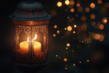 Poster - A single candle is lit in the darkness, surrounded by bokeh lights in the background