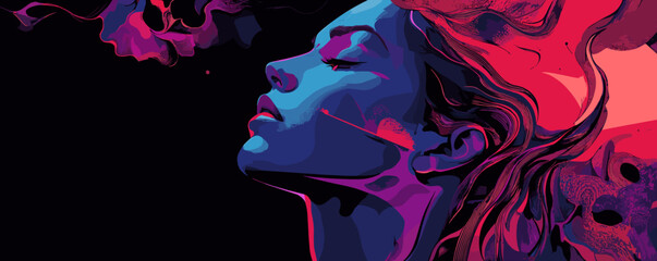 Wall Mural - Vibrant abstract portrait of woman in profile with colorful smoke and artistic design.