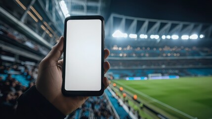 Poster - Smartphone Mockup with a white screen the background of a filled football stadium bright blurred background