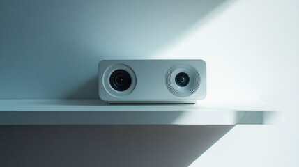 Poster - A white speaker sitting on a white shelf