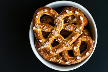 Poster - A white bowl filled with pretzels covered in salt, perfect for snacking or serving at a party