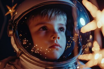 Poster - A young boy wearing a space suit looks directly at the camera