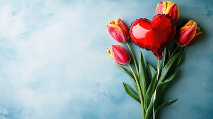 Aufkleber - A bouquet of red and yellow tulips with a heart-shaped balloon, perfect for romantic gestures or spring celebrations