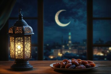 Poster - A plate of dates with a lantern on a table, perfect for a cozy evening or romantic dinner