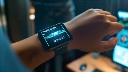 Poster - This hand displays a smartwatch indicating that youth mode has been activated in a lab setting.